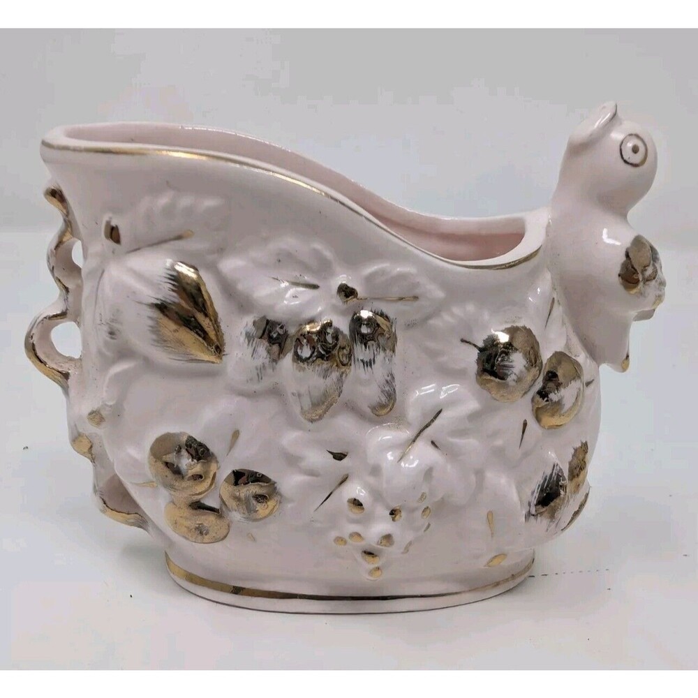 Vintage Bird Planter Vase Pink Gold Fruit Leaves Bows Dish Japan Kitschy Decor